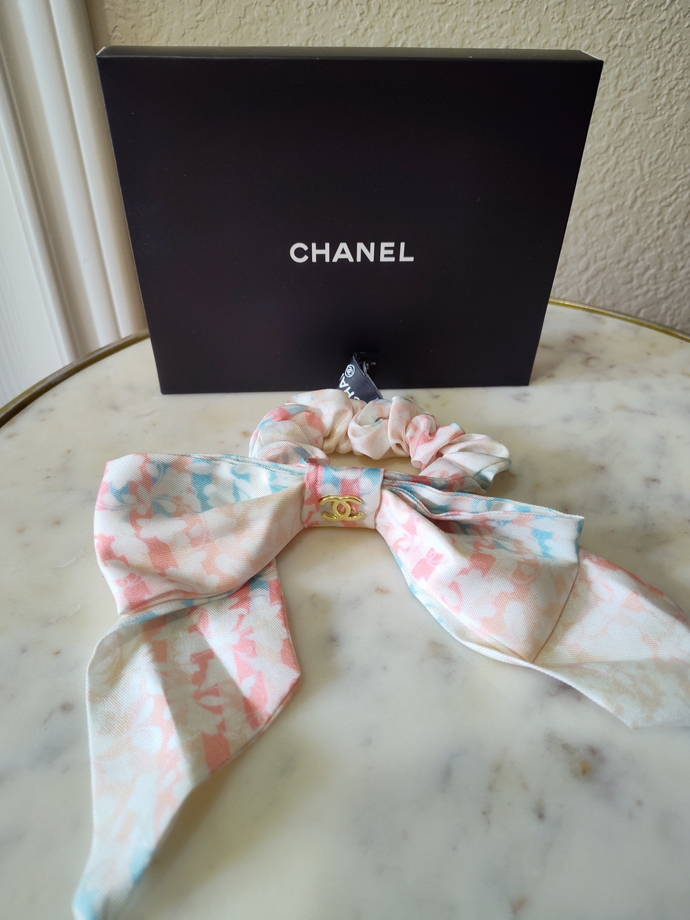 CHANEL Silk Bow Scrunchie Hair Tie Pink Blue Gold CC 100% Silk NIB NWT